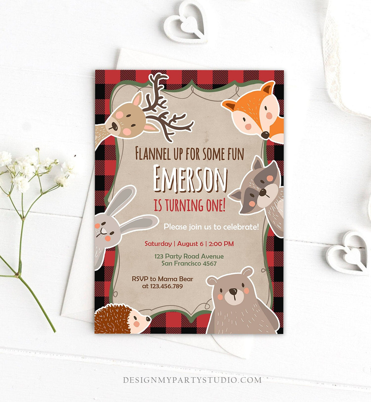 Editable Lumberjack Birthday Invitation Rustic Woodland Animals Birthday Bear Buffalo Plaid Wild One Download Printable Template Corjl 0303