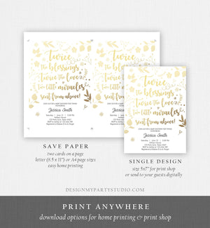 Editable Twin Baby Shower Invitation Twins Gold White Blessings Rustic Modern Floral Gender Neutral Invite Template Download Corjl 0285