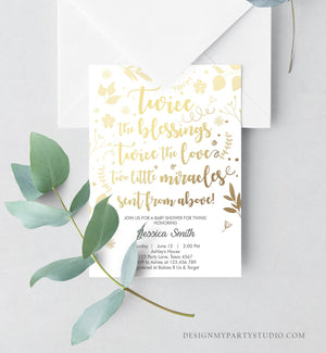 Editable Twin Baby Shower Invitation Twins Gold White Blessings Rustic Modern Floral Gender Neutral Invite Template Download Corjl 0285