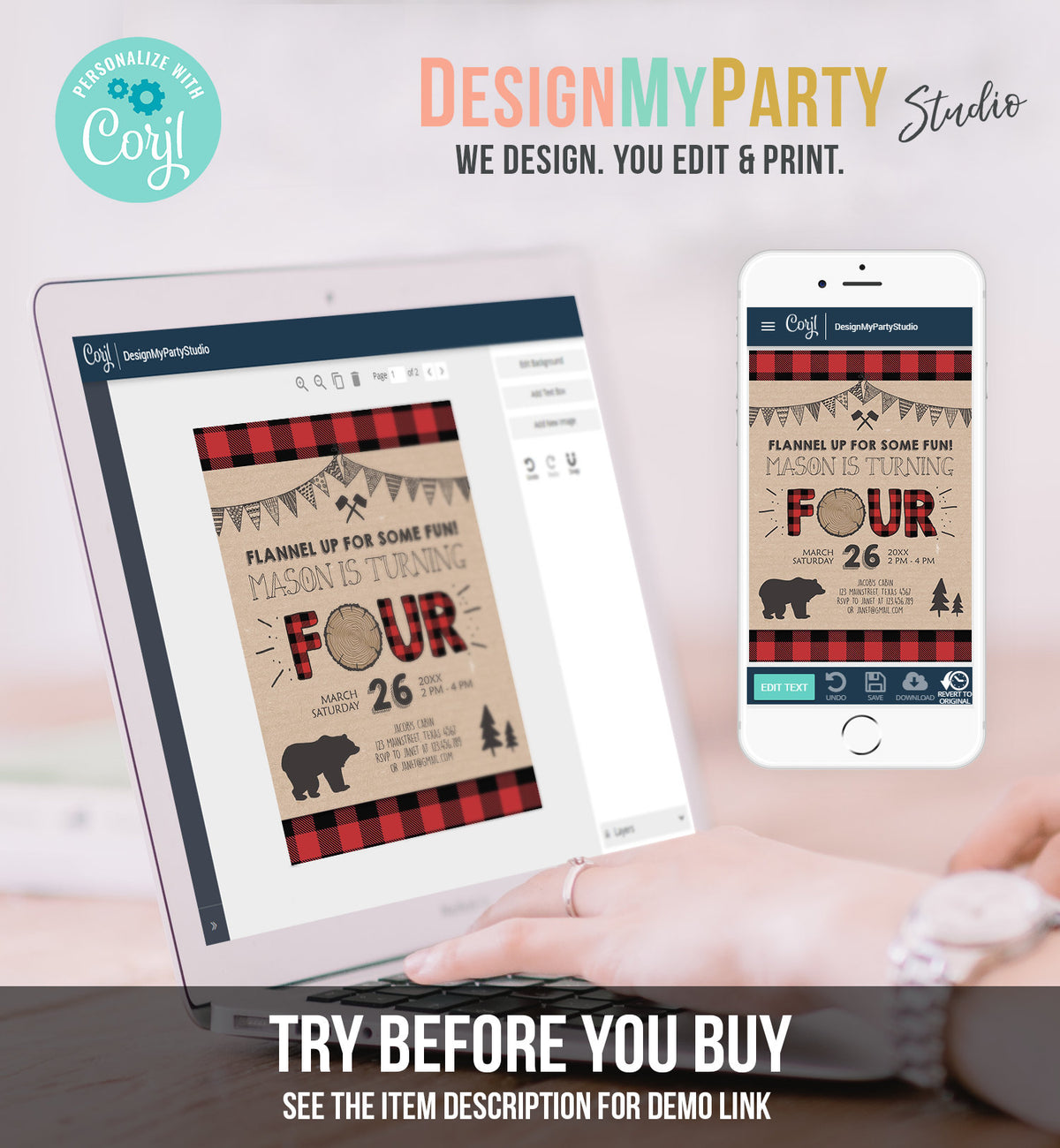 Editable Lumberjack 4th Birthday Invitation Rustic Woodland Bear Forest Buffalo Plaid Four Birthday Printable Template Digital Corjl 0026