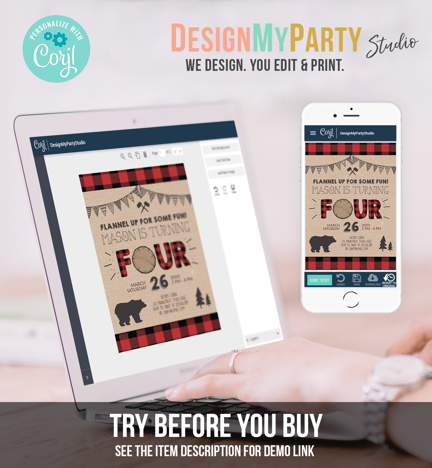 Editable Lumberjack 4th Birthday Invitation Rustic Woodland Bear Forest Buffalo Plaid Four Birthday Printable Template Digital Corjl 0026