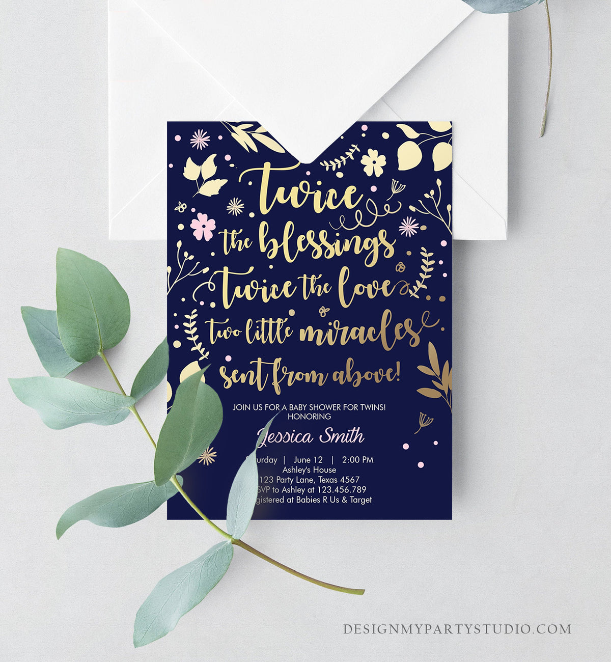 Editable Twin Baby Shower Invitation Twin Girls Gold Pink Blessings Rustic Modern Floral Girls Baby Shower Template Download Corjl 0285