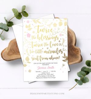 Editable Twin Baby Shower Invitation Twin Girls Gold Pink Blessings Rustic Modern Floral Girls Baby Shower Template Download Corjl 0285