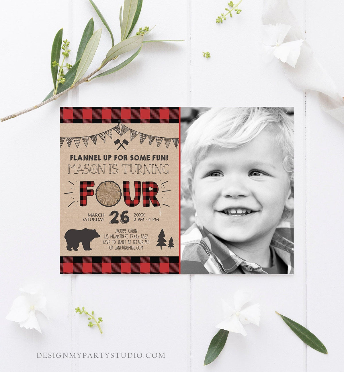 Editable Lumberjack 4th Birthday Invitation Rustic Woodland Bear Forest Buffalo Plaid Four Birthday Printable Template Digital Corjl 0026