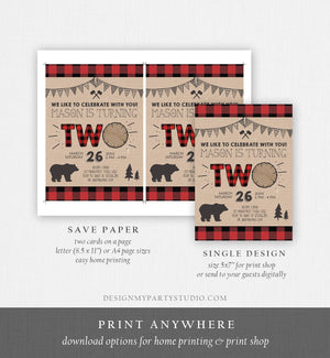 Editable 2nd Birthday Invitation Lumberjack Rustic Woodland Bear Forest Buffalo Plaid Four Birthday Printable Template Digital Corjl 0026