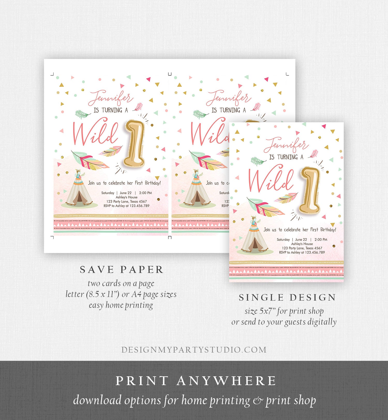 Editable Wild One Birthday Invitation Girl First Birthday Boho Feathers Pink Mint Teepee Download Printable Template Digital Corjl 0073