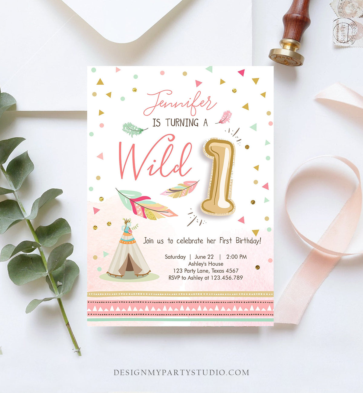 Editable Wild One Birthday Invitation Girl First Birthday Boho Feathers Pink Mint Teepee Download Printable Template Digital Corjl 0073