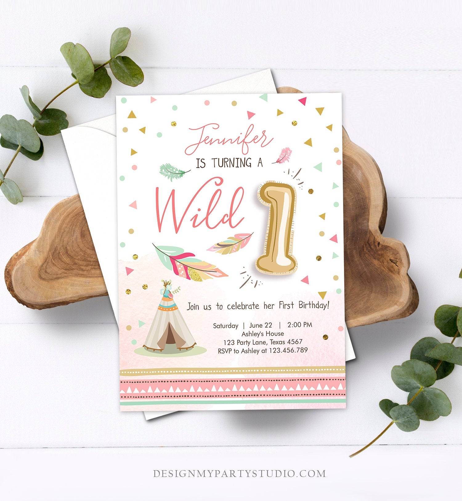 Editable Wild One Birthday Invitation Girl First Birthday Boho Feathers Pink Mint Teepee Download Printable Template Digital Corjl 0073