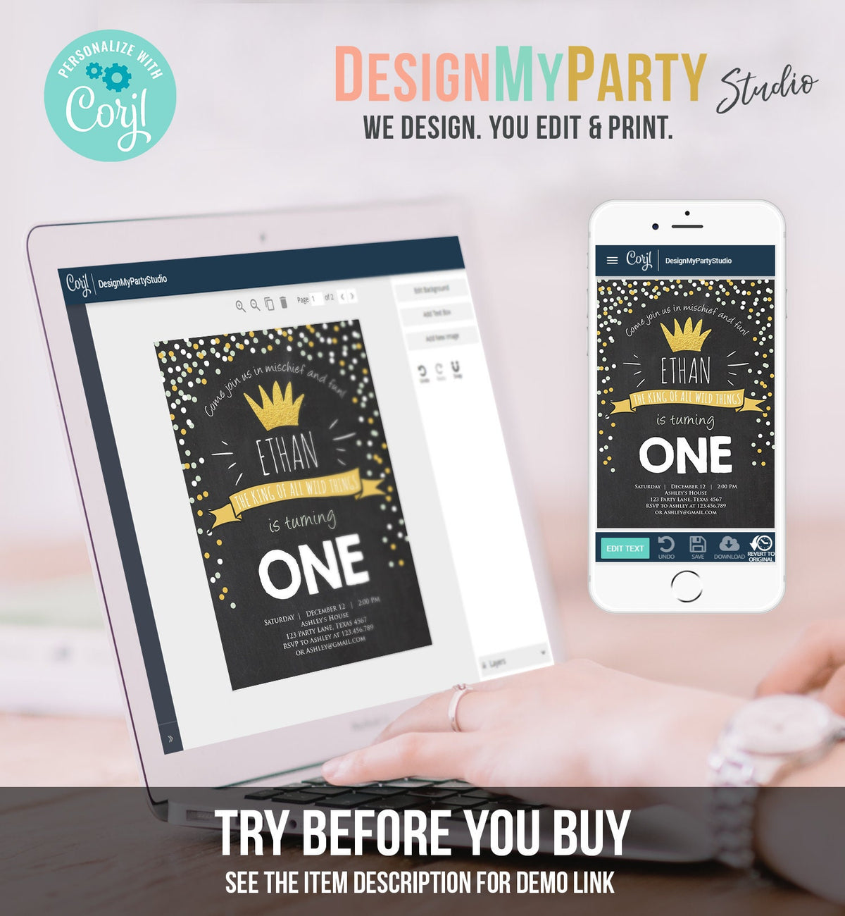 Editable Birthday Invitation Wild One Black Gold Wild Things Boy First Birthday Crown Download Printable Invitation Template Corjl 0099