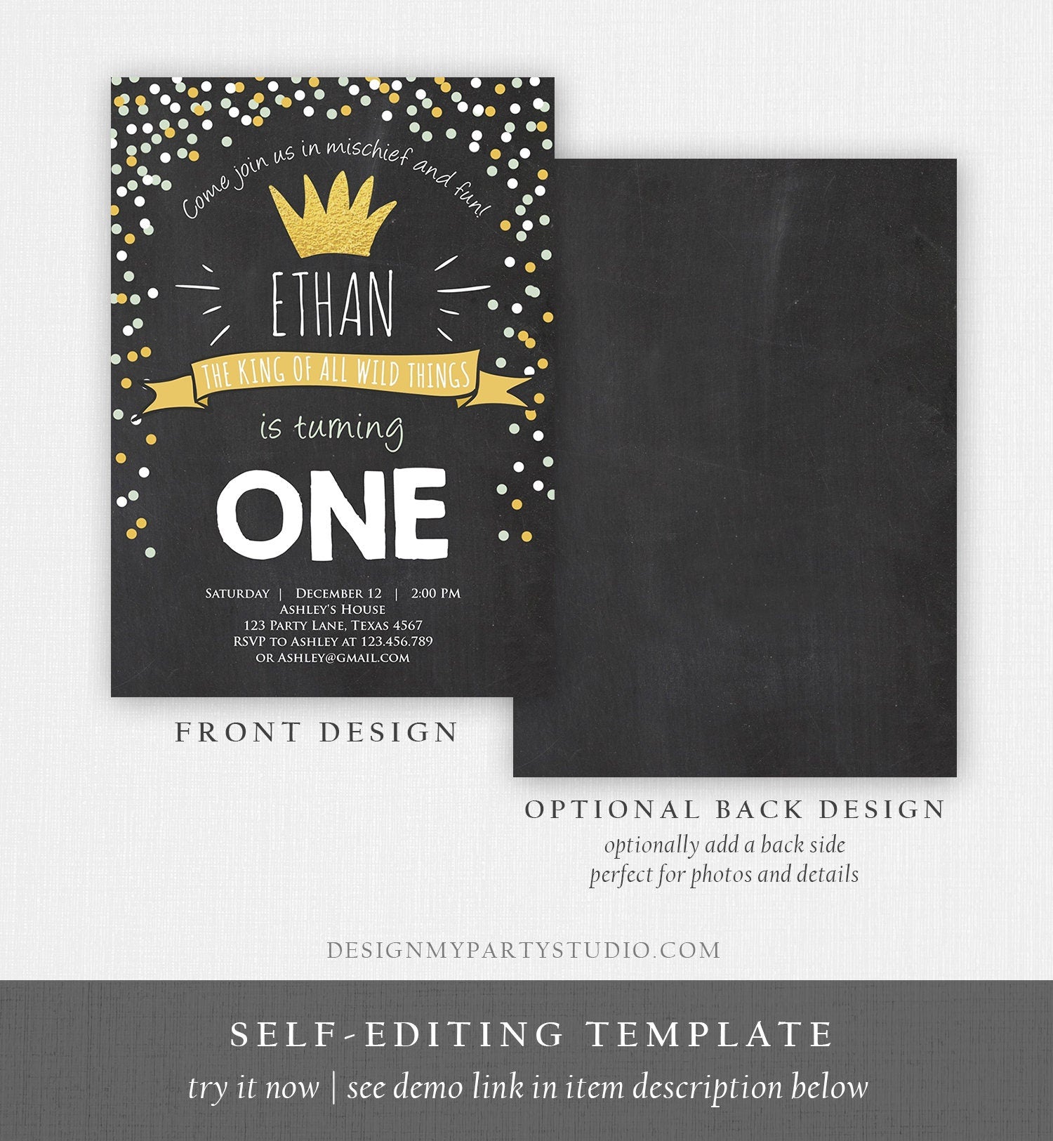 Editable Birthday Invitation Wild One Black Gold Wild Things Boy First Birthday Crown Download Printable Invitation Template Corjl 0099