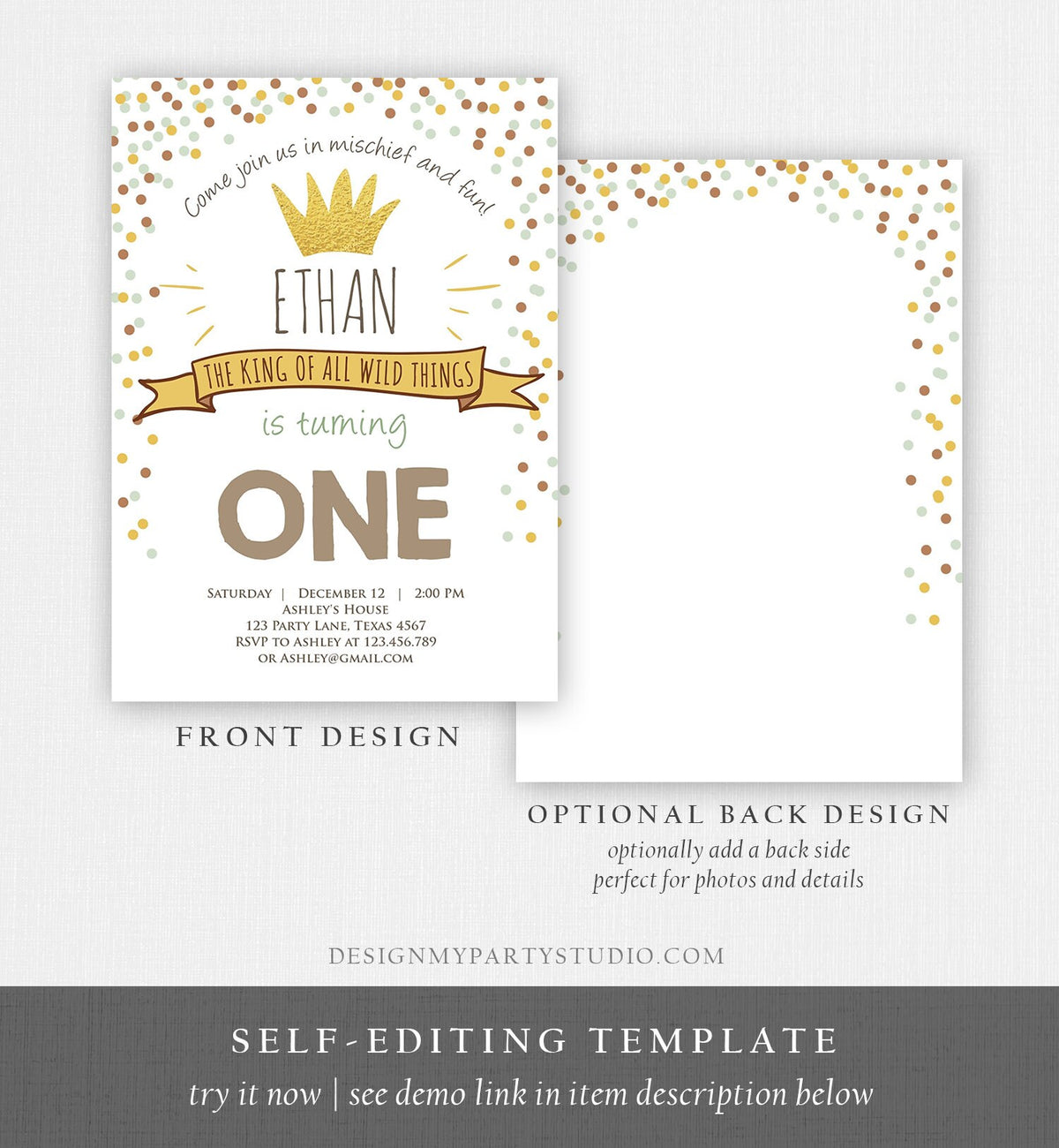 Editable Birthday Invitation Wild One Gold Crown Wild Things Boy First Birthday Instant Download Printable Invitation Template Corjl 0099