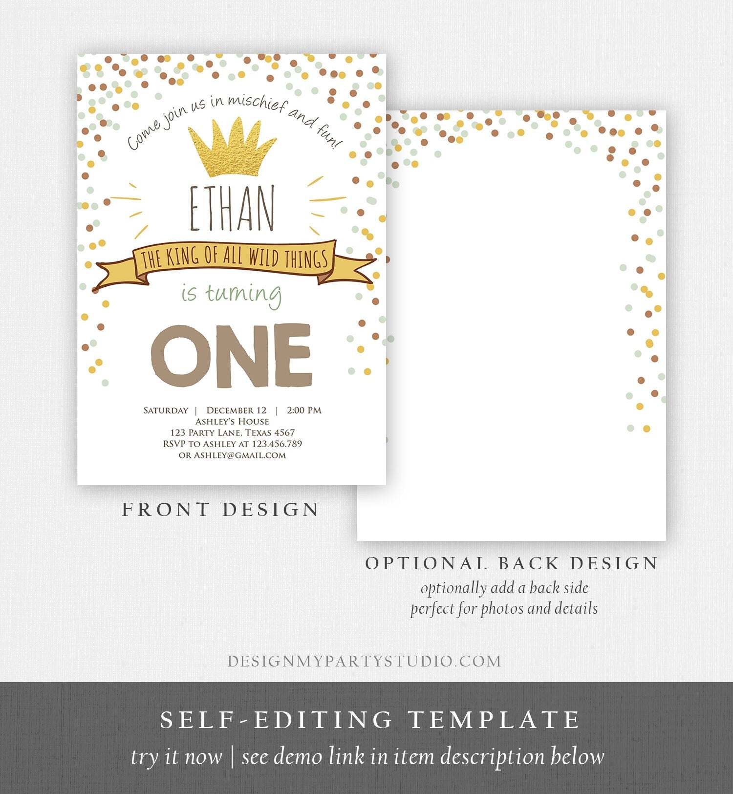 Editable Birthday Invitation Wild One Gold Crown Wild Things Boy First Birthday Instant Download Printable Invitation Template Corjl 0099