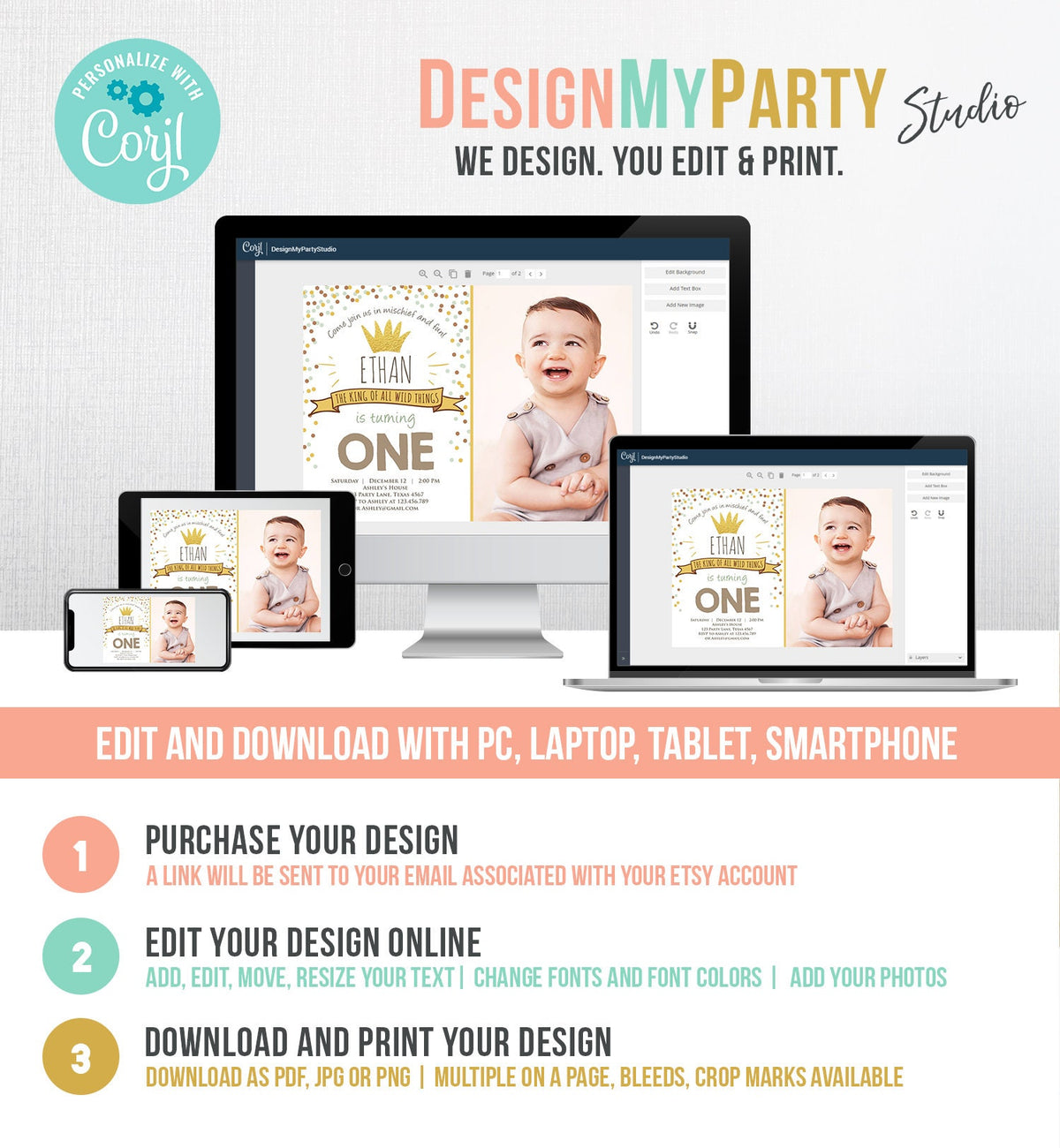 Editable Birthday Invitation Wild One Gold Crown Wild Things Boy First Birthday Instant Download Printable Invitation Template Corjl 0099