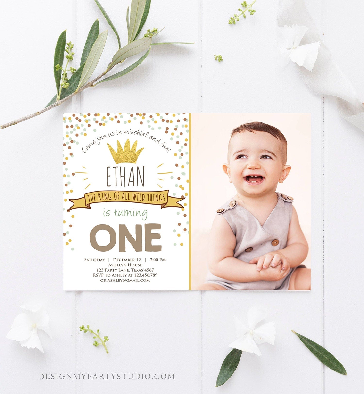 Editable Birthday Invitation Wild One Gold Crown Wild Things Boy First Birthday Instant Download Printable Invitation Template Corjl 0099