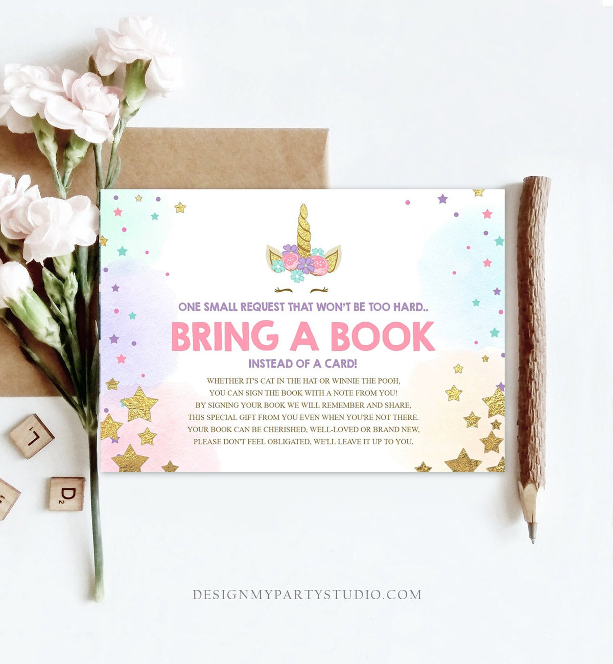 Unicorn Bring a Book Card Baby Shower Book Insert Books for Baby Book Request Sprinkle Download Editable Book Card Template PRINTABLE 0041