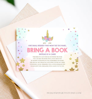 Unicorn Bring a Book Card Baby Shower Book Insert Books for Baby Book Request Sprinkle Download Editable Book Card Template PRINTABLE 0041