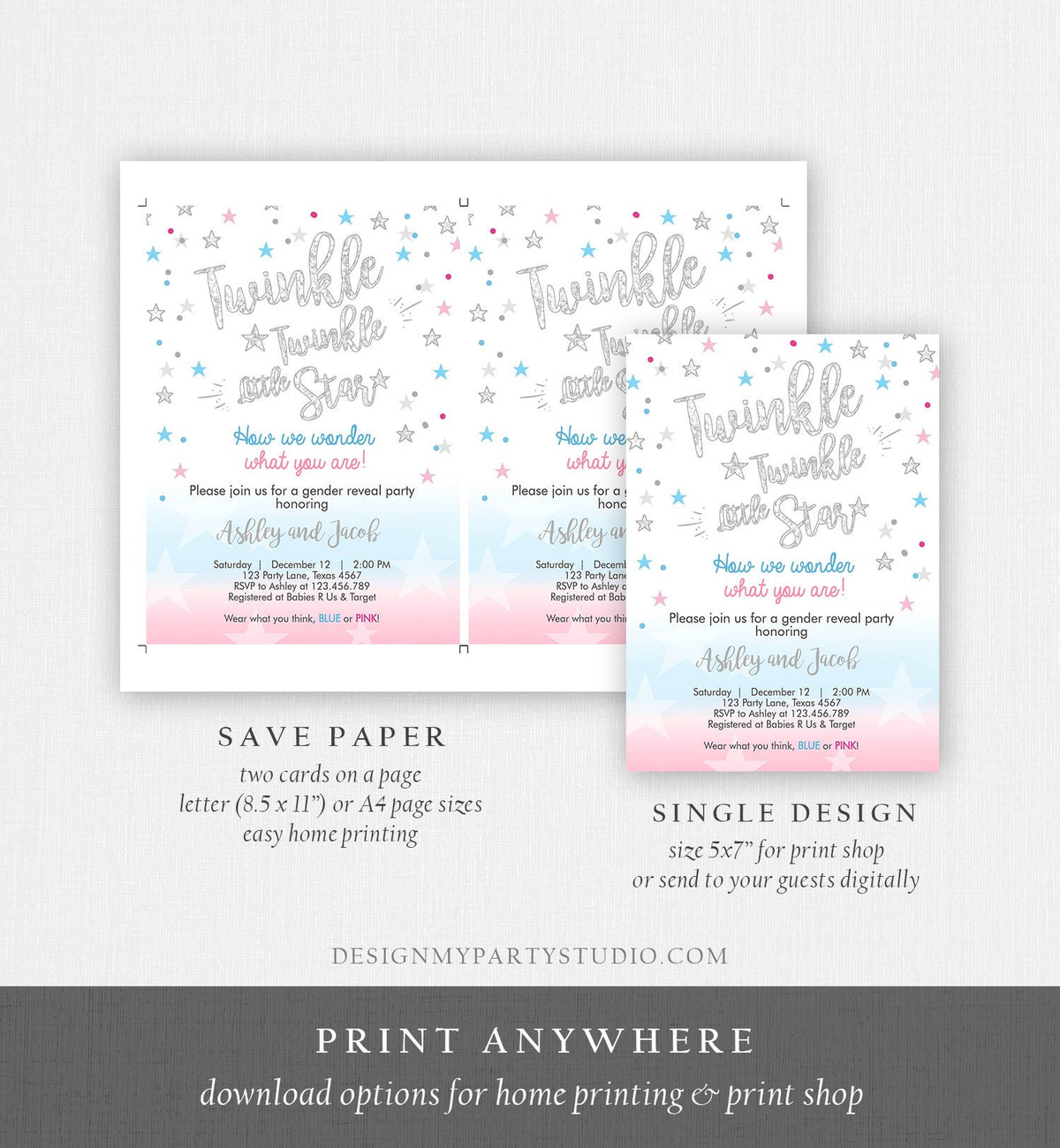 Editable Gender Reveal Invitation Baby Shower Twinkle Twinkle Little Star Blue or Pink He or She Silver Pink Blue Corjl Template 0235