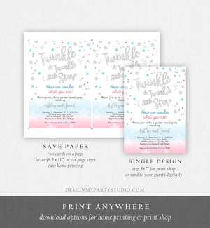 Editable Gender Reveal Invitation Baby Shower Twinkle Twinkle Little Star Blue or Pink He or She Silver Pink Blue Corjl Template 0235