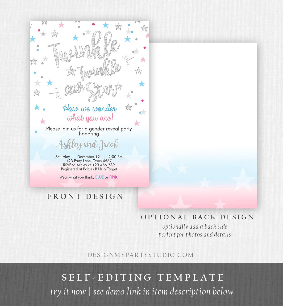 Editable Gender Reveal Invitation Baby Shower Twinkle Twinkle Little Star Blue or Pink He or She Silver Pink Blue Corjl Template 0235