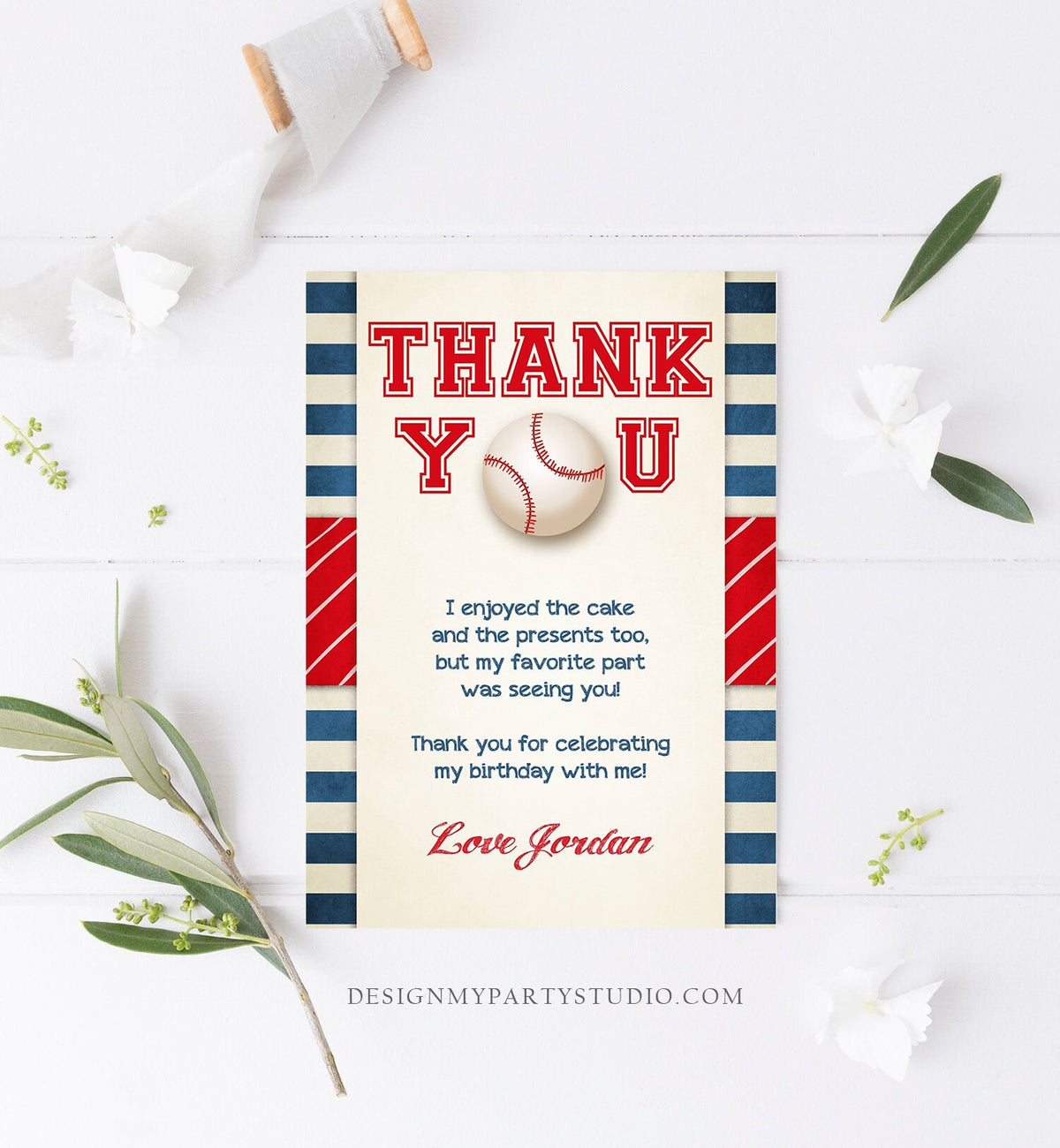 Editable Baseball Thank You Card Birthday Boy Little Slugger Rookie of The Year First 1st Batter Up Download Template Digital Corjl 0069