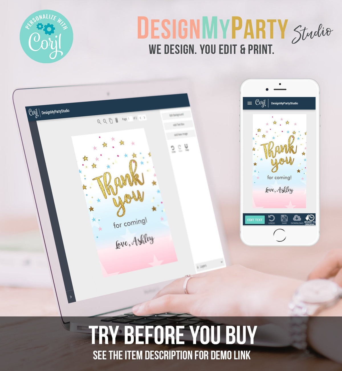 Editable Thank you Tags Little Star Baby Shower Favor tags Twinkle Twinkle Gender Reveal Gold Pink Blue He or She Corjl Template 0235