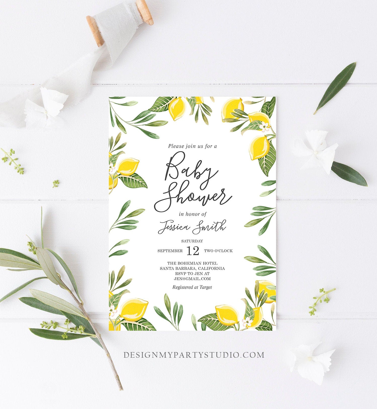 Editable Lemon Baby Shower Invitation Bohemian Citrus Rustic Greenery Summer Floral Lemonade Sprinkle Download Corjl Template Printable 0220