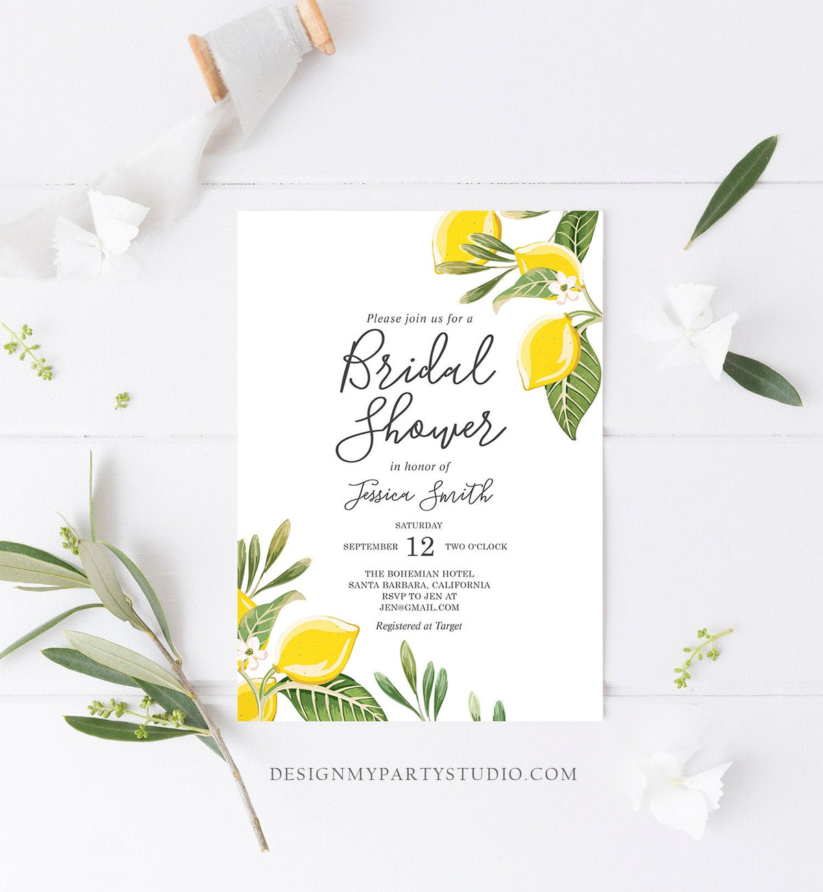 Editable Lemon Bridal Shower Invitation Bohemian Citrus Rustic Greenery Summer Wedding Lemonade Download Corjl Template Printable 0220