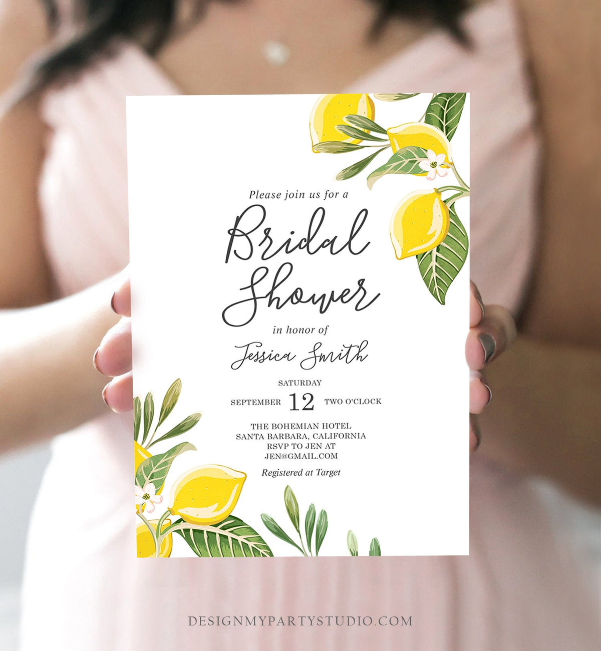 Editable Lemon Bridal Shower Invitation Bohemian Citrus Rustic Greenery Summer Wedding Lemonade Download Corjl Template Printable 0220