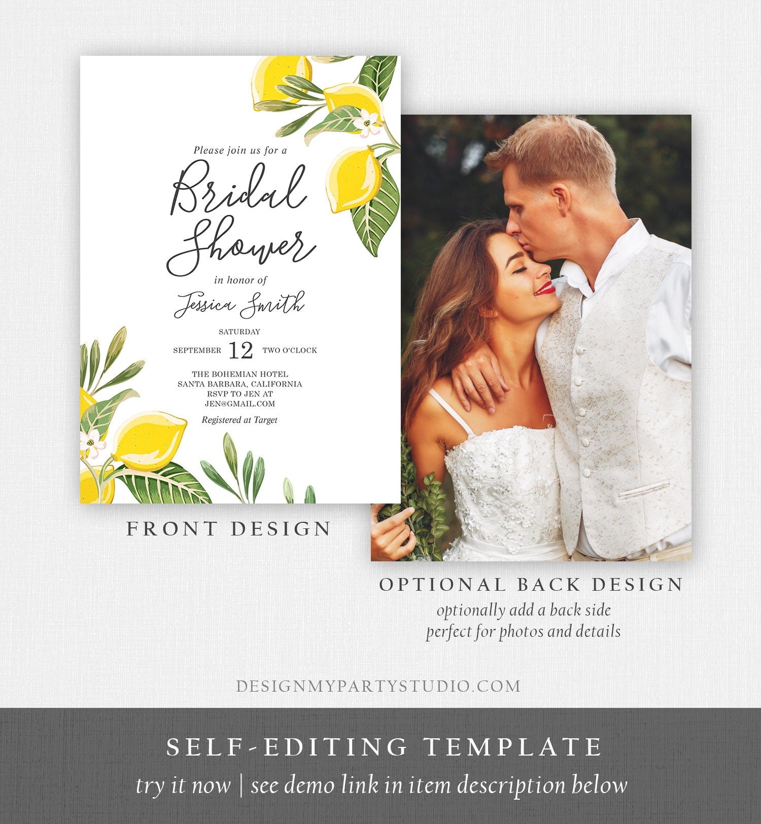 Editable Lemon Bridal Shower Invitation Bohemian Citrus Rustic Greenery Summer Wedding Lemonade Download Corjl Template Printable 0220