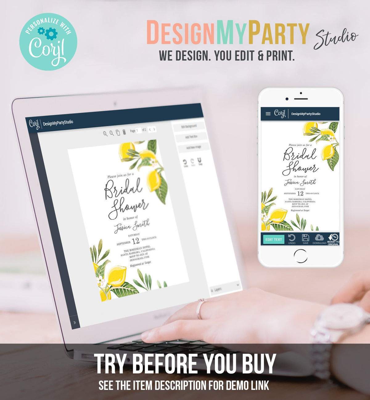 Editable Lemon Bridal Shower Invitation Bohemian Citrus Rustic Greenery Summer Wedding Lemonade Download Corjl Template Printable 0220