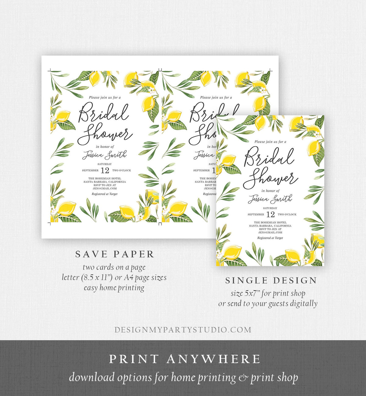 Editable Lemon Bridal Shower Invitation Bohemian Citrus Rustic Greenery Summer Wedding Lemonade Download Corjl Template Printable 0220