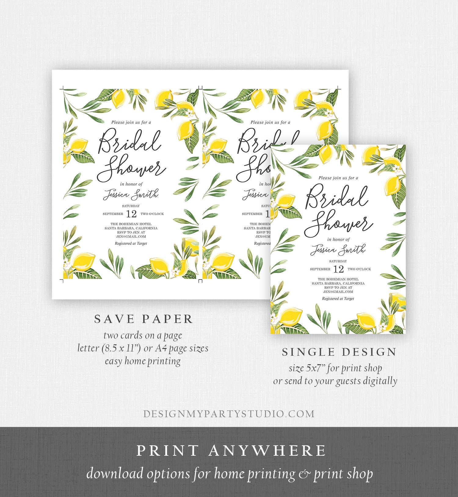 Editable Lemon Bridal Shower Invitation Bohemian Citrus Rustic Greenery Summer Wedding Lemonade Download Corjl Template Printable 0220