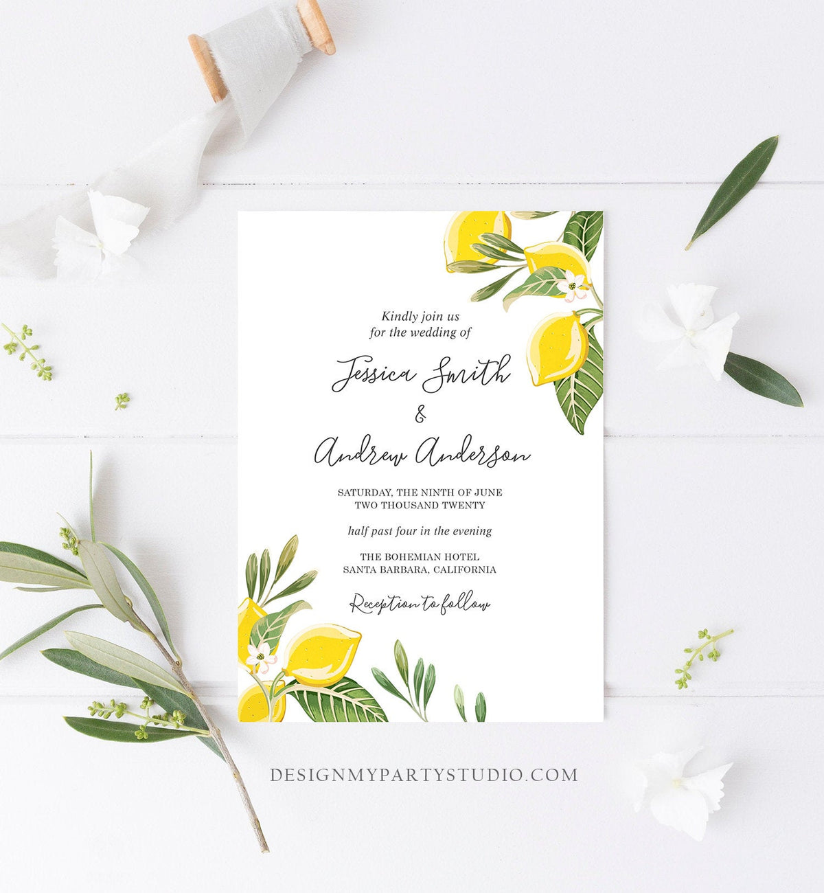 Editable Lemon Wedding Invitation Bohemian Citrus Rustic Greenery Summer Bridal Shower Lemonade Download Corjl Template Printable 0220