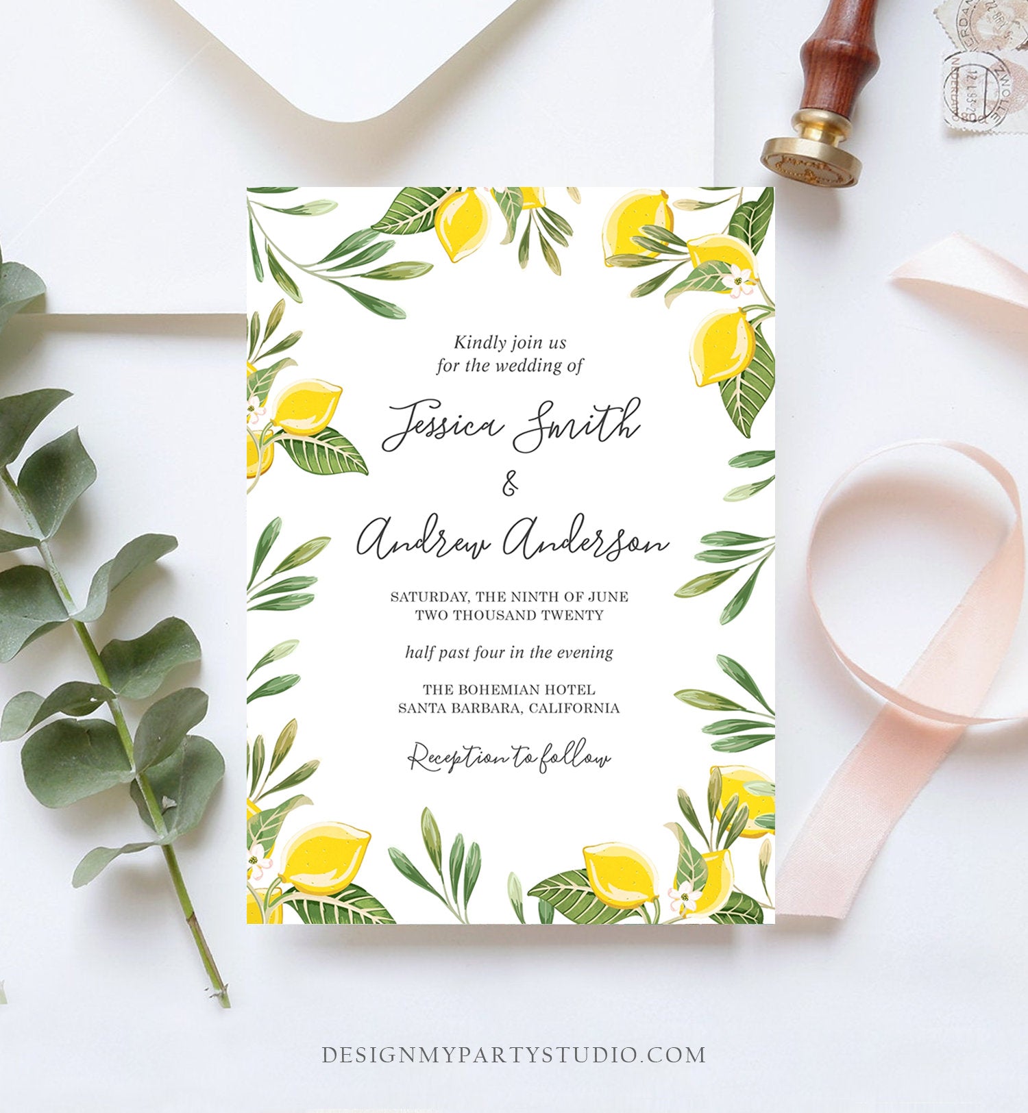 Editable Lemon Wedding Invitation Bohemian Citrus Rustic Greenery Summer Bridal Shower Lemonade Download Corjl Template Printable 0220