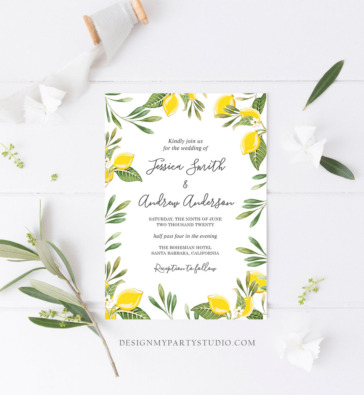 Editable Lemon Wedding Invitation Bohemian Citrus Rustic Greenery Summer Bridal Shower Lemonade Download Corjl Template Printable 0220