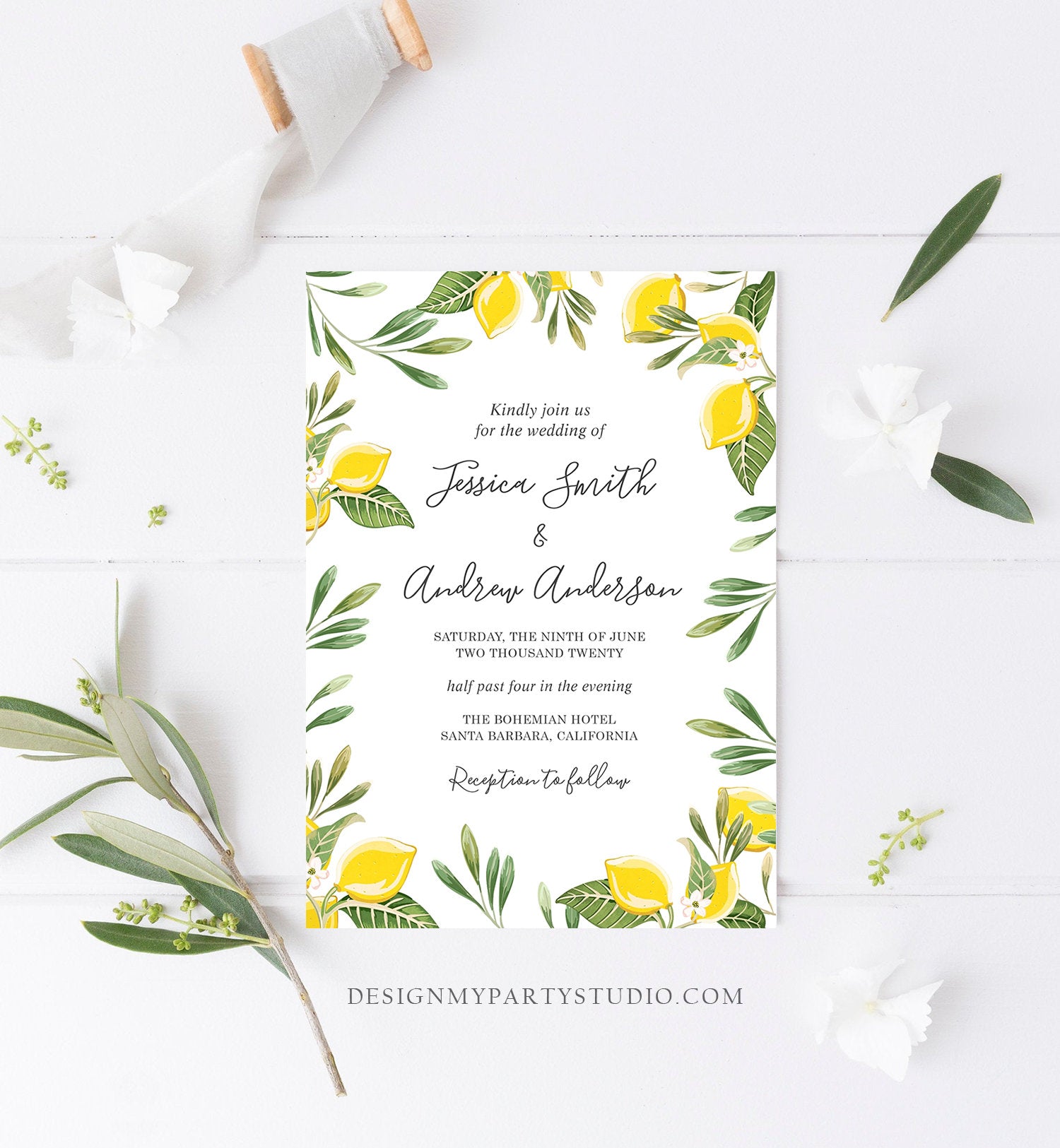 Editable Lemon Wedding Invitation Bohemian Citrus Rustic Greenery Summer Bridal Shower Lemonade Download Corjl Template Printable 0220