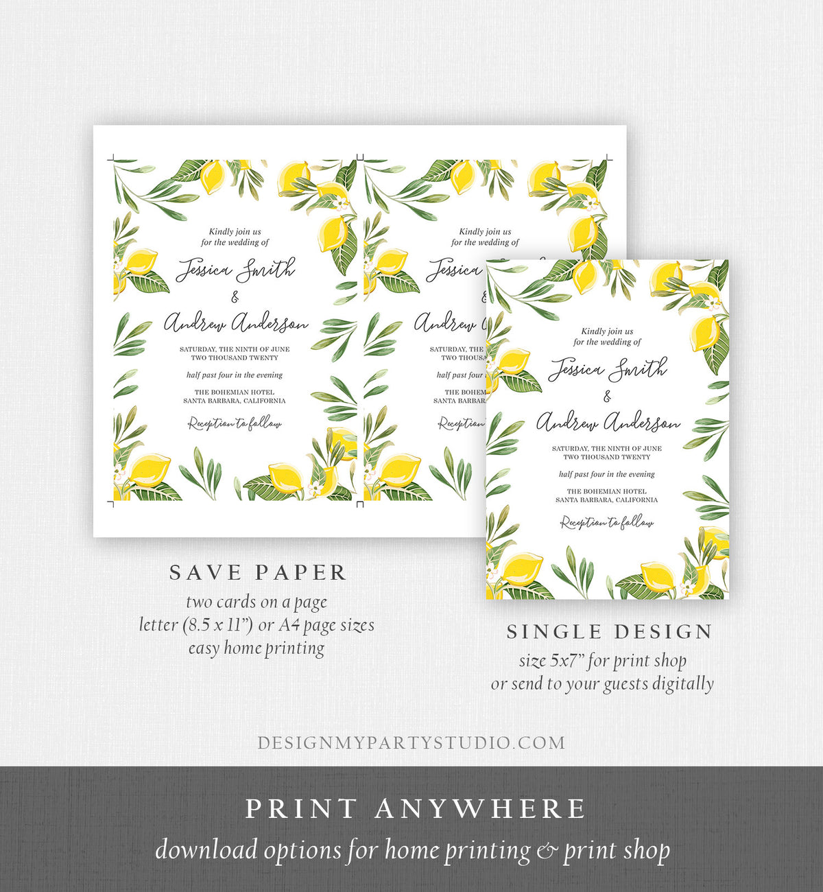 Editable Lemon Wedding Invitation Bohemian Citrus Rustic Greenery Summer Bridal Shower Lemonade Download Corjl Template Printable 0220