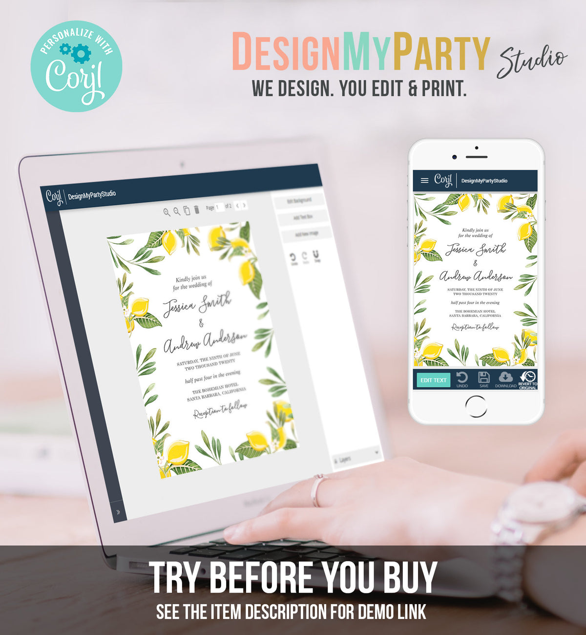 Editable Lemon Wedding Invitation Bohemian Citrus Rustic Greenery Summer Bridal Shower Lemonade Download Corjl Template Printable 0220