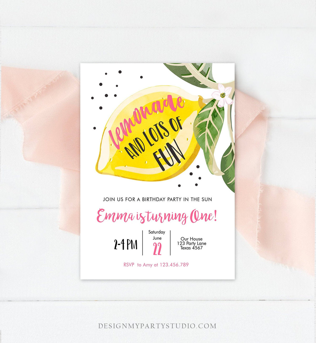 Editable Lemon Birthday Invitation Sunshine Lemonade and Fun Girl First Birthday Party Pink Sweet 1st Citrus Corjl Template Printable 0307