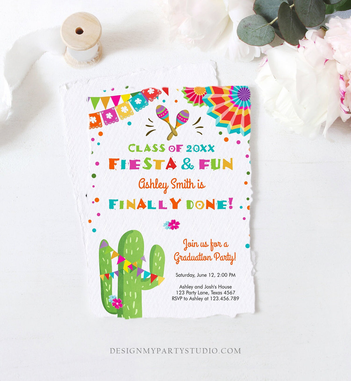 Editable Fiesta and Fun Graduation Party Invitation Finally Done Let&#39;s Fiesta Mexican High School College Degree Diploma Corjl Template 0045