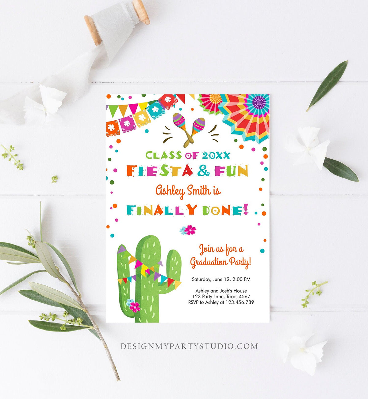 Editable Fiesta and Fun Graduation Party Invitation Finally Done Let&#39;s Fiesta Mexican High School College Degree Diploma Corjl Template 0045