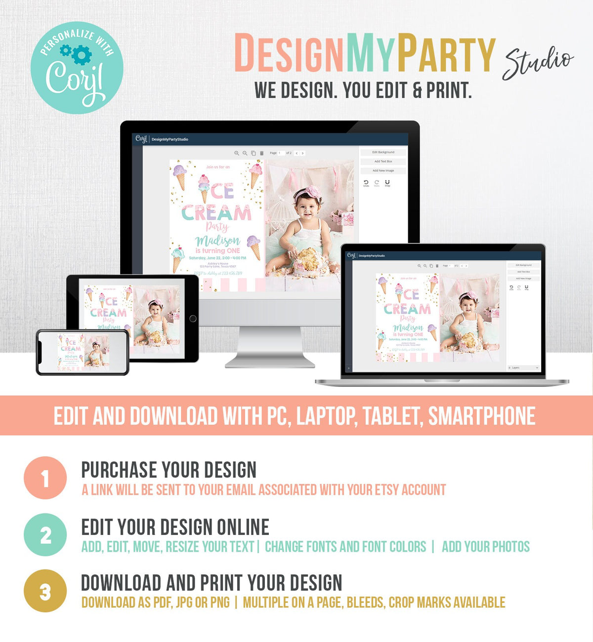 Editable Ice Cream Birthday Invitation First Birthday Party Here&#39;s the Scoop Cone Ice Cream Social Download Printable Template Corjl 0243