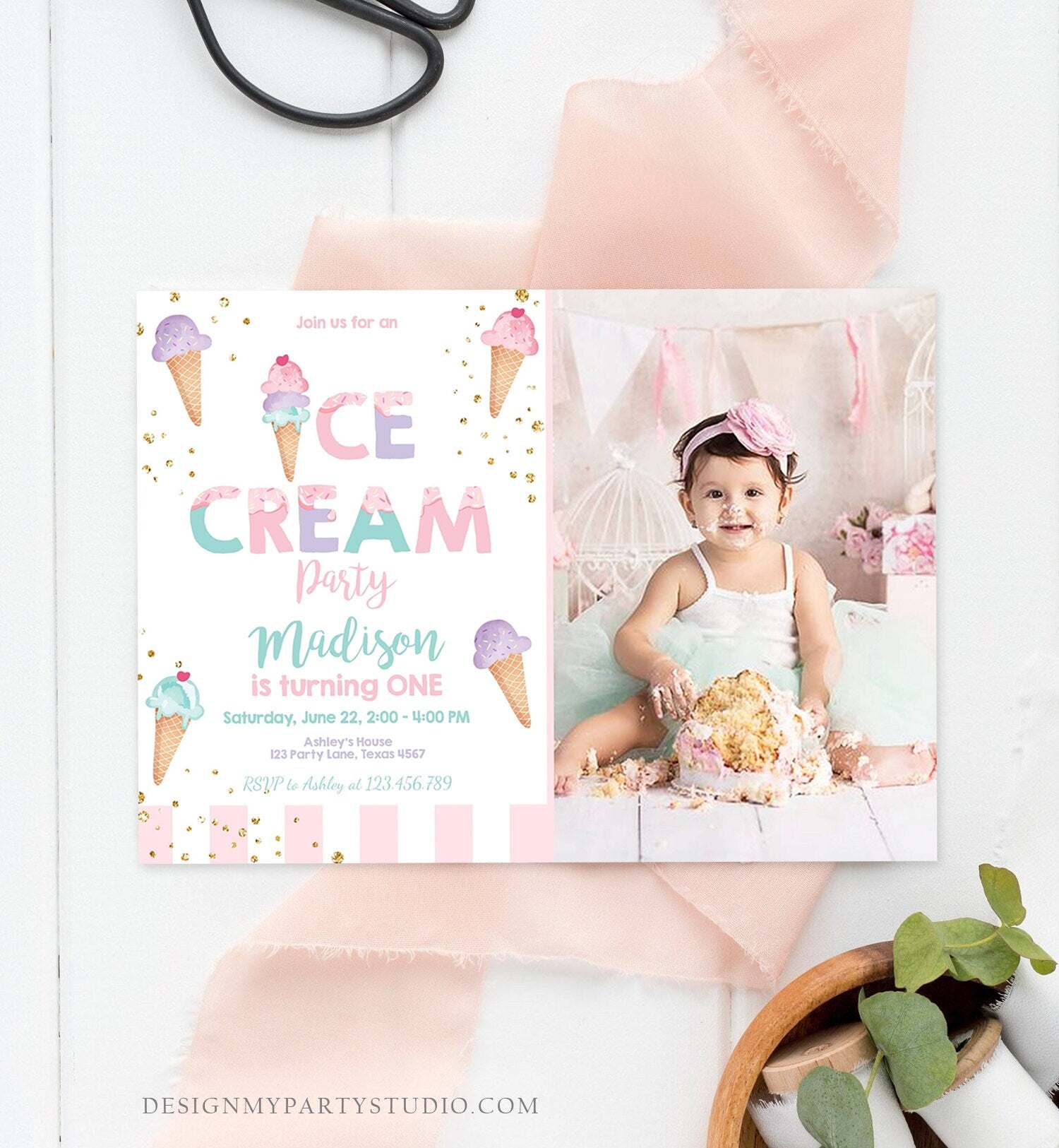 Editable Ice Cream Birthday Invitation First Birthday Party Here's the Scoop Cone Ice Cream Social Download Printable Template Corjl 0243