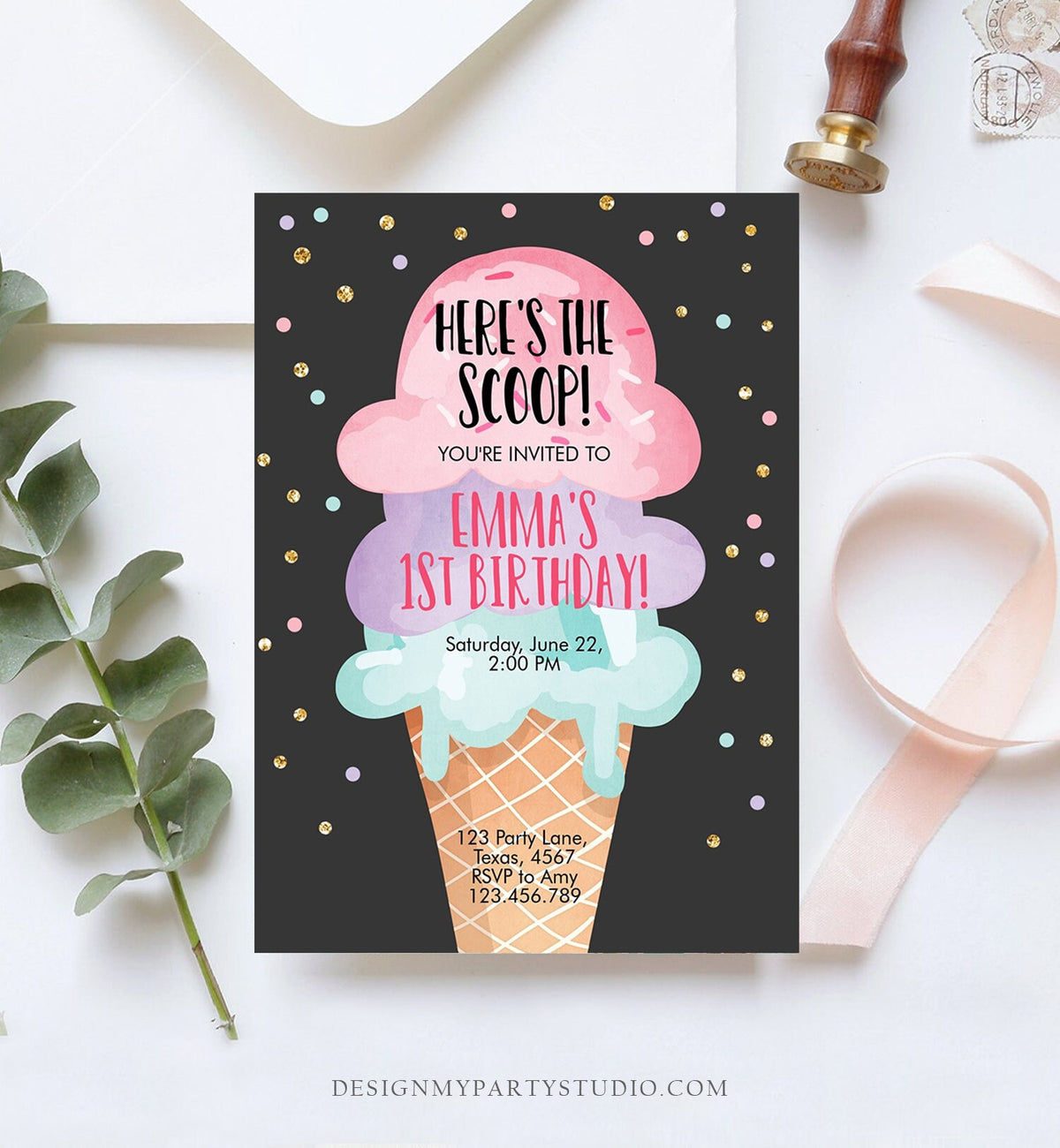 Editable Ice Cream Birthday Invitation First Birthday Party Here&#39;s the Scoop Cone Pink Mint Gold Purple Printable Template Corjl 0243