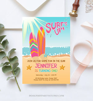 Editable Surf Birthday invitation Summer Beach Party Surfboard Girl Surf Party Pink Download Printable Invitation Template Corjl 0241