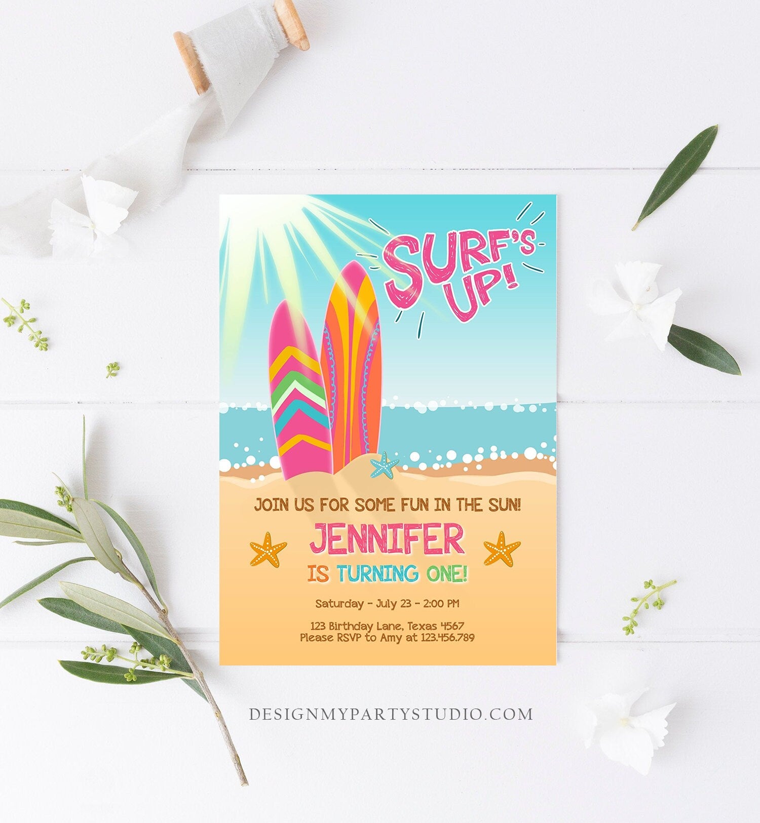 Editable Surf Birthday invitation Summer Beach Party Surfboard Girl Surf Party Pink Download Printable Invitation Template Corjl 0241