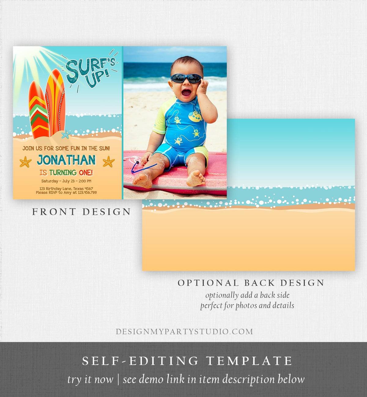 Editable Surf Birthday invitation Summer Beach Party Surfboard Boy Surf Party Instant Download Printable Invitation Template Corjl 0241