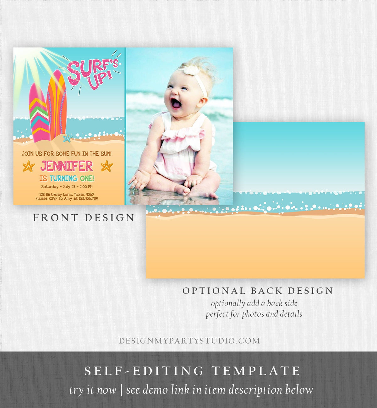 Editable Surf Birthday invitation Summer Beach Party Surfboard Girl Surf Party Pink Download Printable Invitation Template Corjl 0241