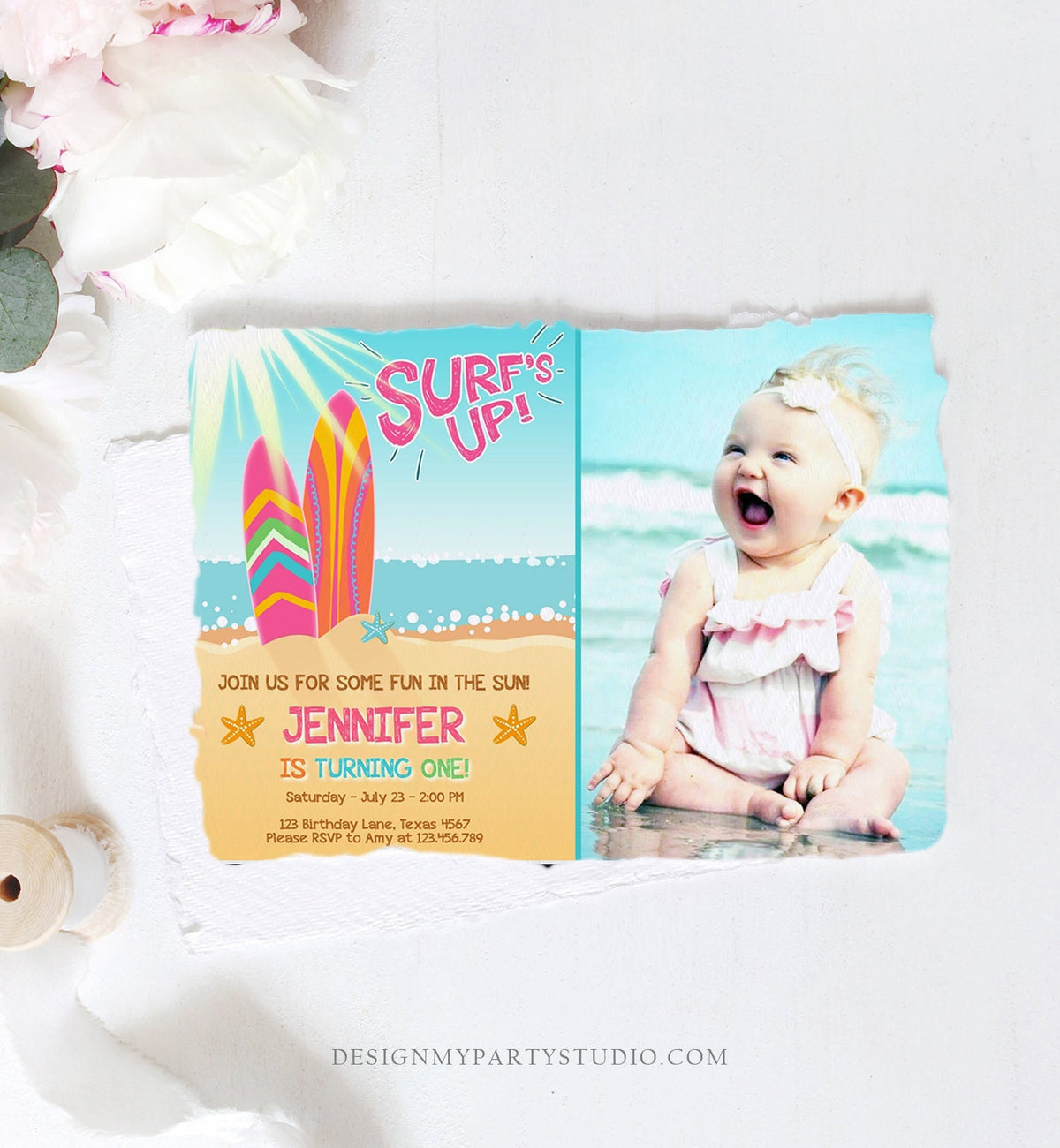 Editable Surf Birthday invitation Summer Beach Party Surfboard Girl Surf Party Pink Download Printable Invitation Template Corjl 0241