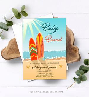 Editable Baby on Board Shower Invitation Surfing Boy Baby Shower Summer Beach Vintage Download Printable Invitation Template Corjl 0241